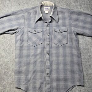 Vintage Amana Woolen Mills Blue Plaid Wool Blend Shirt Mens Medium Made in USA
